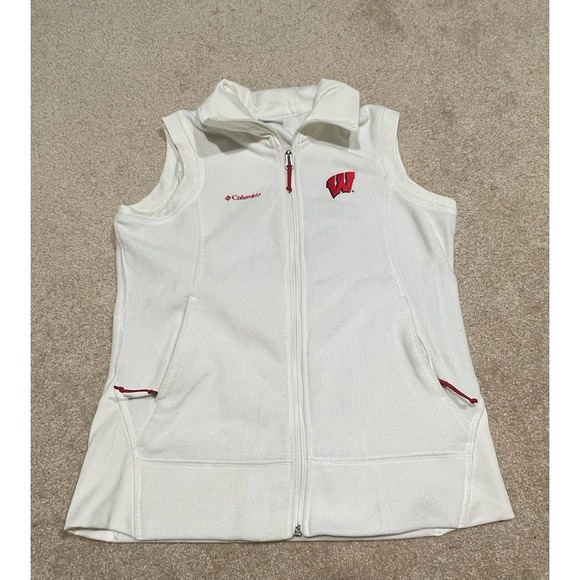 Columbia Size L Women's White Fleece Wisconsin Badgers Zipup Vest With Pockets - Picture 1 of 6